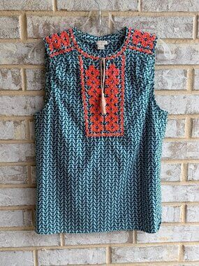 J.Crew Sleeveless Embroidered Tie Neck Teal Blue Geo Tank Blouse Women's Size 10